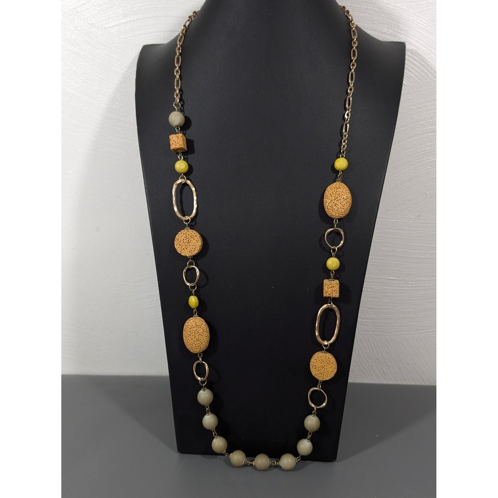 Long Gold Tone Stone Bead Necklace 40" Yellow Boho Coastal